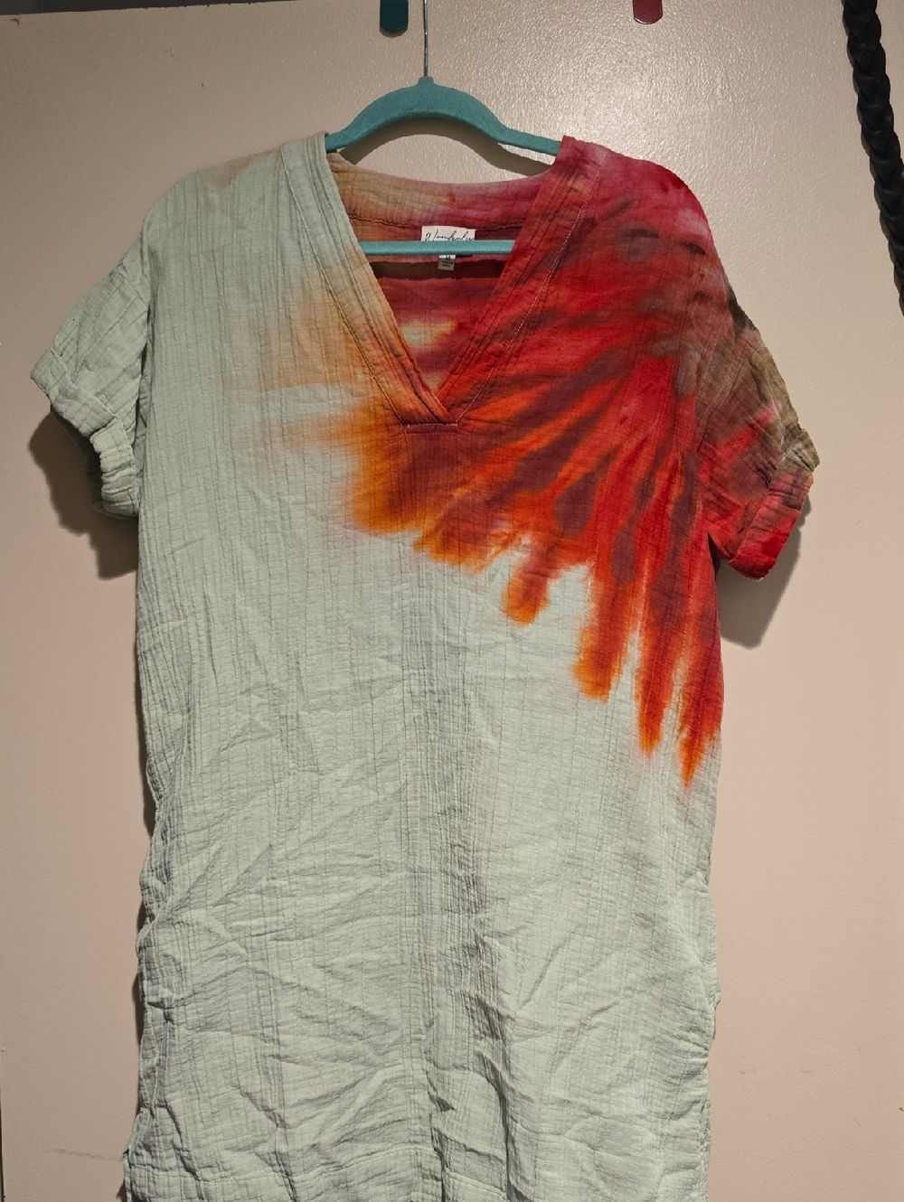 Tie-Dye V-Neck Cotton Dress in Mint Green and Red-Orange